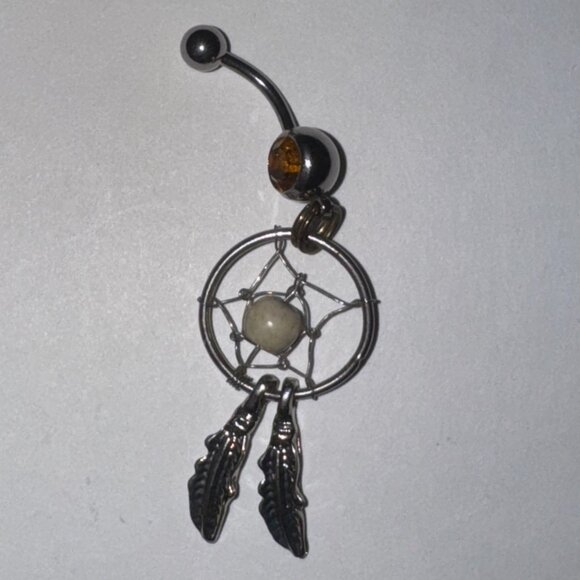 Topaz Orange gem with Cream bead Dream Catcher Dangle Belly Ring - Picture 5 of 11